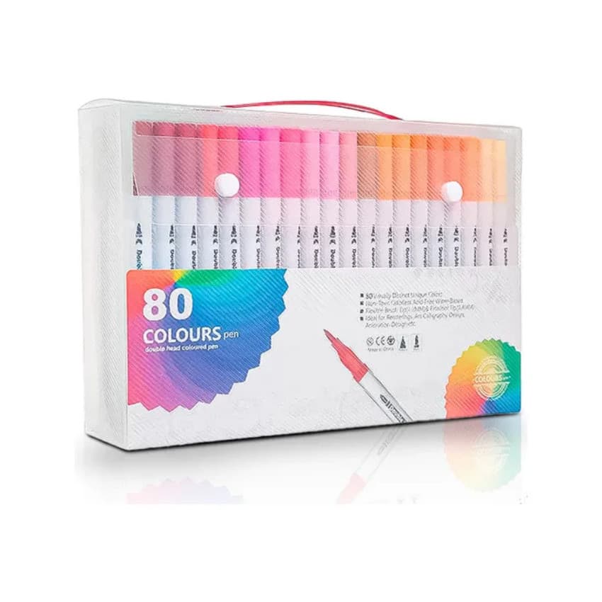 (Transparente) Conjunto de Caneta Colorir Desenhos Ponta Dupla 2 Traços 80 Unidades - Com maletinha