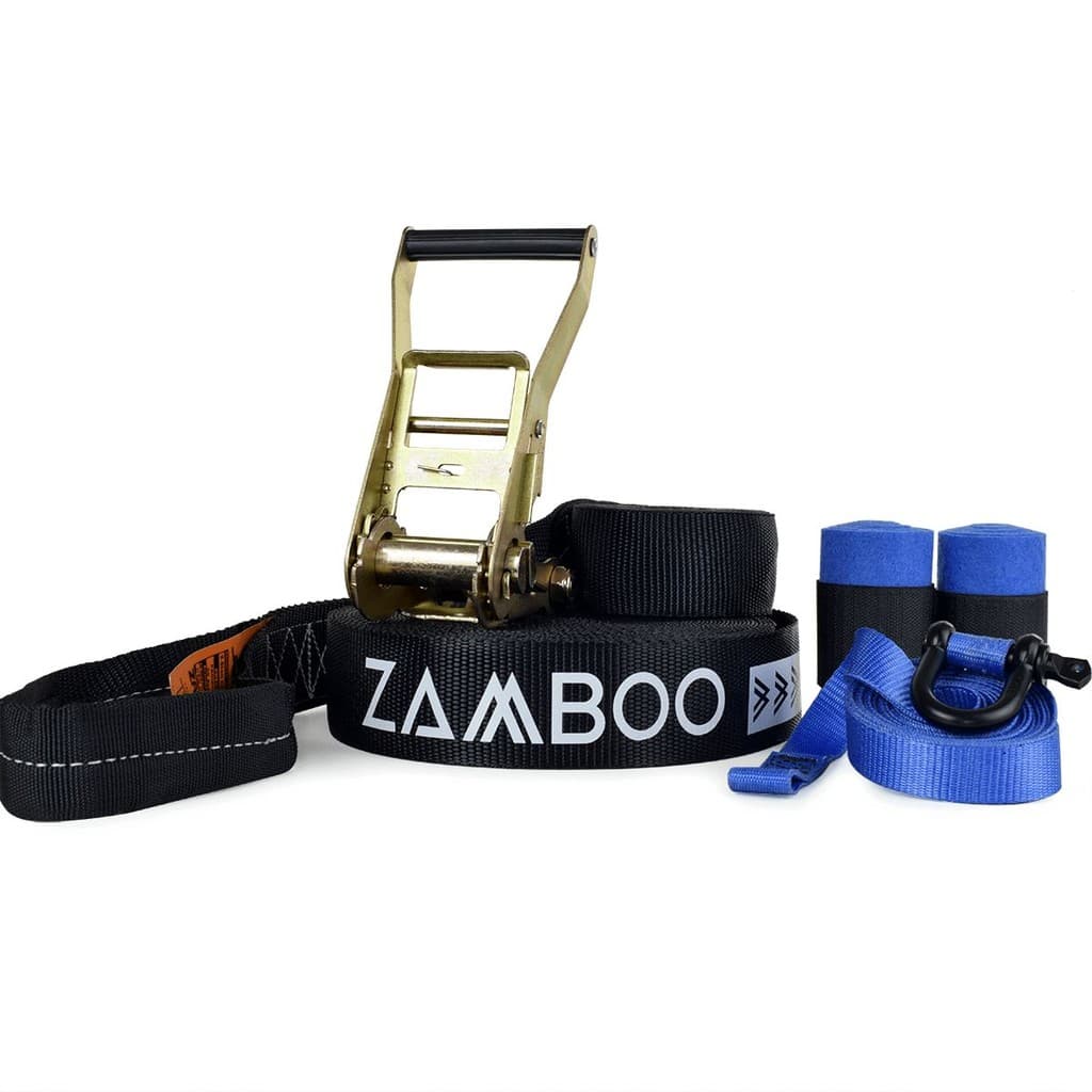 Slackline Zamboo ActionLine 20m Preto Com Catraca Reforçada BackUp Protetores Desenvolve Coordenação Equilíbrio