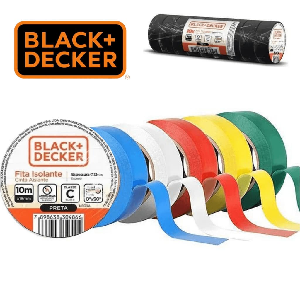 Kit 10 fitas isolante antichamas 5/10/20 metros ,10 unidades black + decker