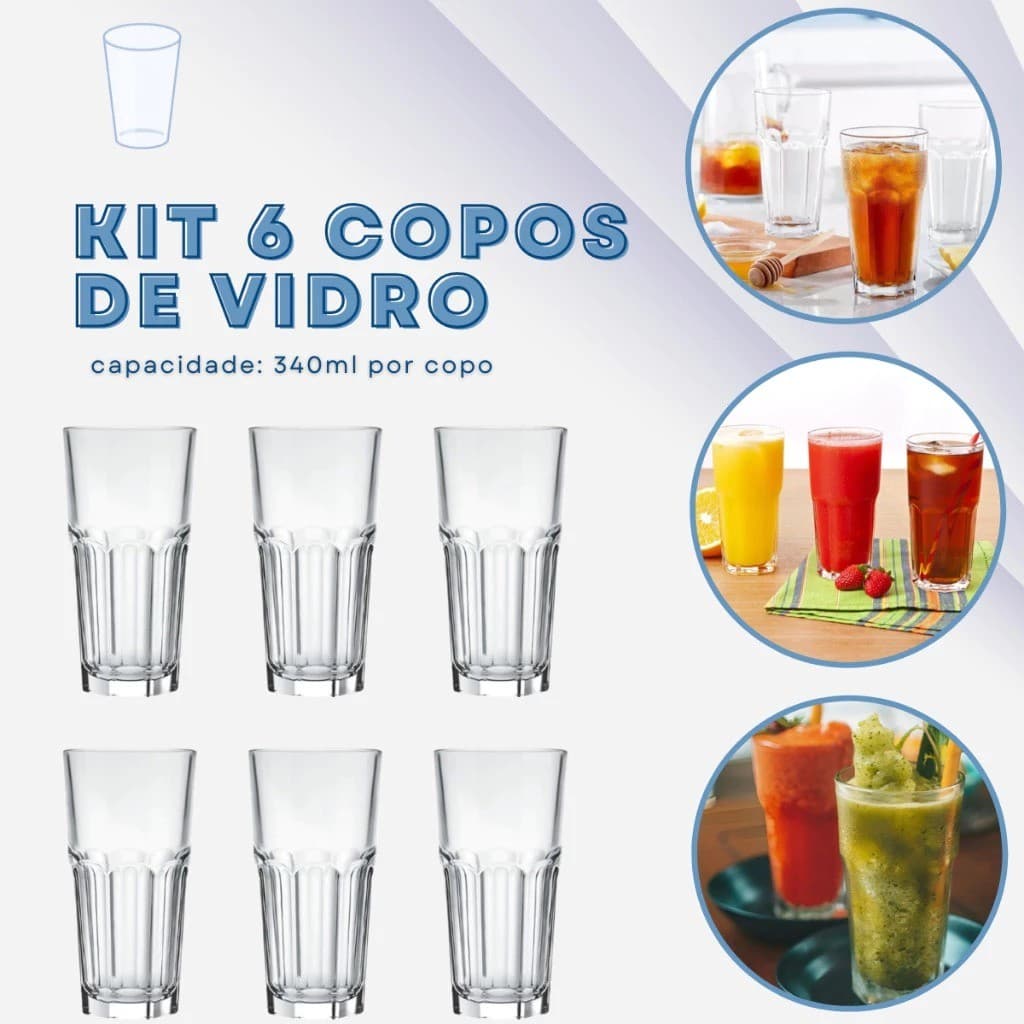Jogo Copo Nadir Bristol 340ml para Agua Refrigerante Cerveja Opções com 6 ou 12 copos