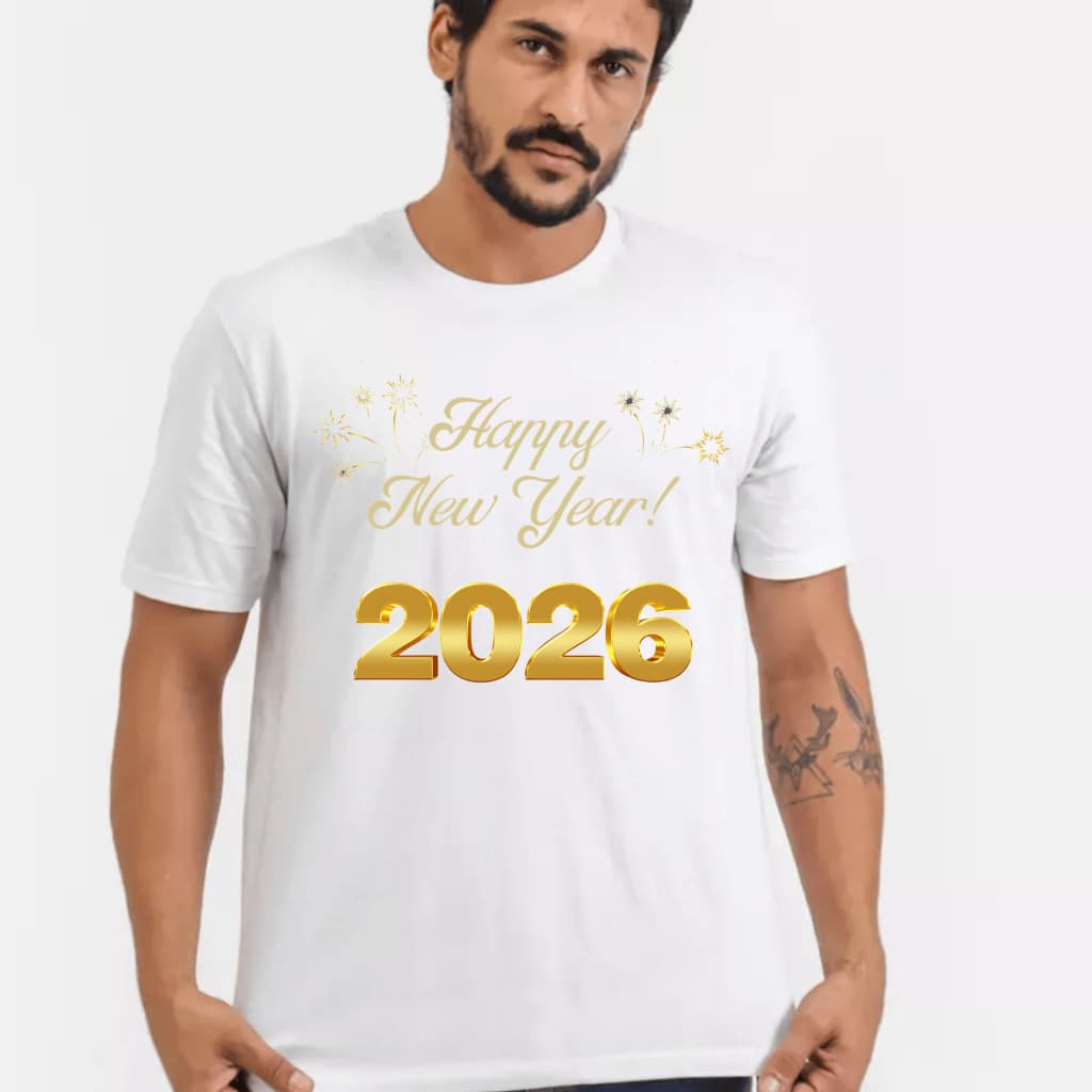 Camiseta Branca Masculina Feliz Ano Novo 100% Algodão Leve