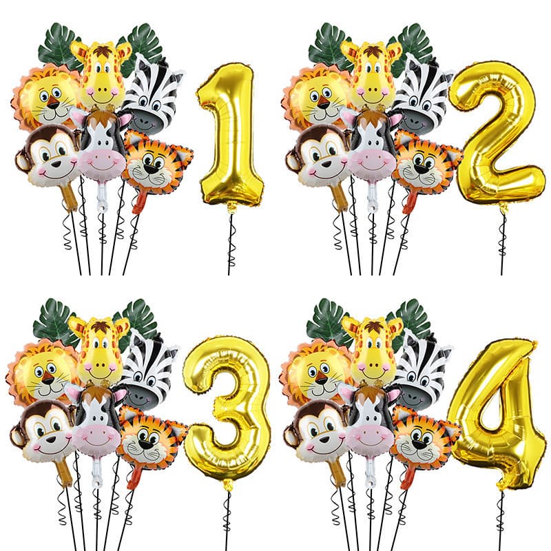 9 Pçs/Lote Selva Safari Número Animal Balões Conjunto Leão Tigre Girafa Folha Balão Para Decorações De Festa De Aniversá