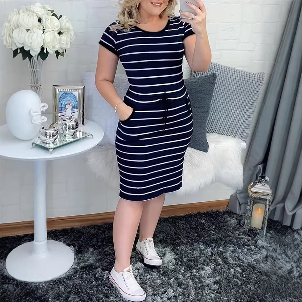 Vestido Feminino Listrado De Manga Curta Casual Com Gola Redonda E Bolso