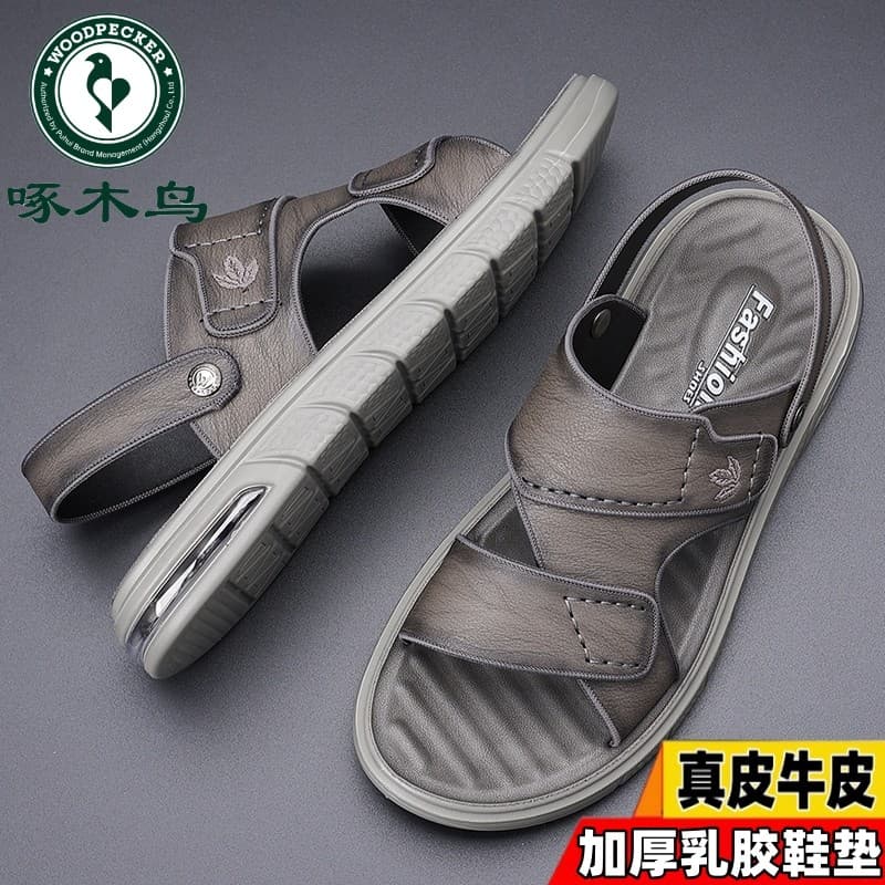 Woodpecker sandálias de couro masculino látex almofada de ar verão 2024 novo estilo sola macia sapatos de praia casuais