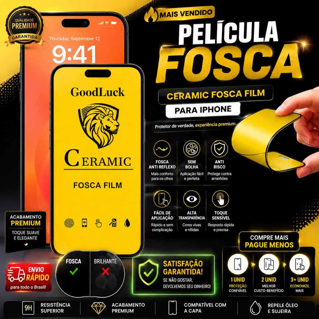Película Cerâmica Fosca Premium para iPhone XR/11/12/13/14/15/16/17 Pro Max Anti Reflexo 9H