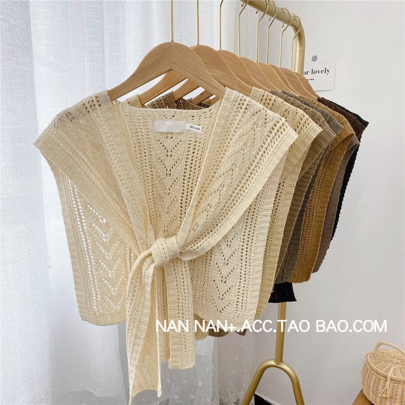 Padrão de espinha de peixe oco crochê atado pequeno xale feminino colete exterior All-Match primavera outono estilo fino