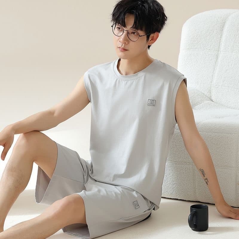 Colete Shorts pijamas masculino verão sem mangas terno juventude estilo fino solto pode usar fora Homewear masculino ver