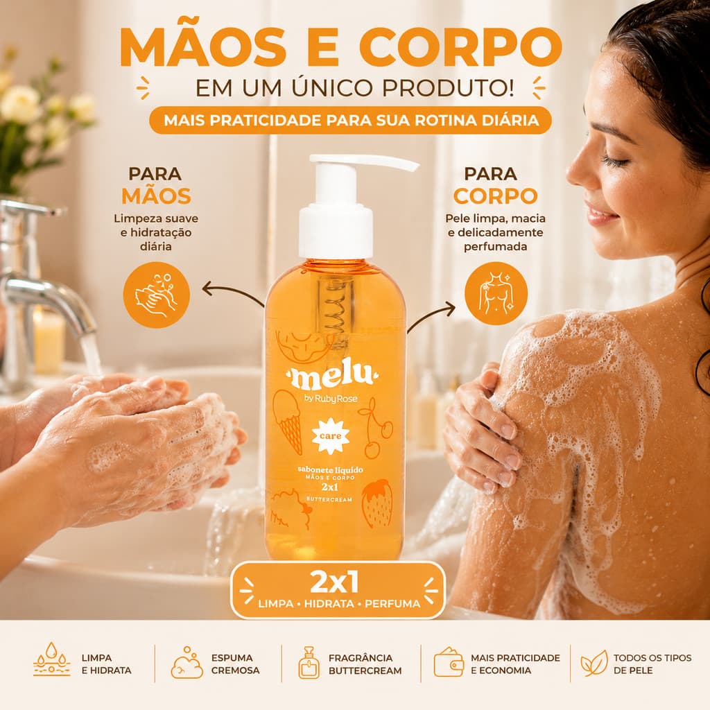 Sabonete Líquido Buttercream Melu 2x1 Mãos Corpo Hidratante