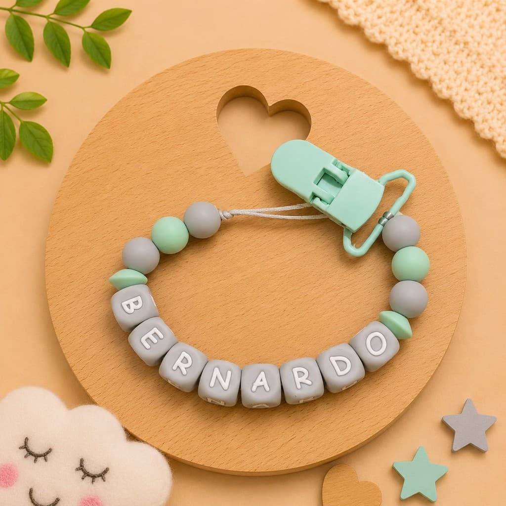 Prendedor de Chupeta de Silicone Macio e Mordedor Personalizado com Nome do Bebê BPA FREE