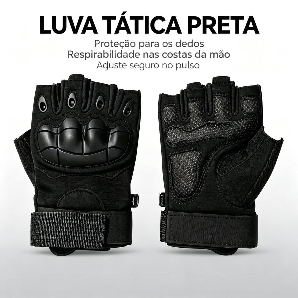 Luva Tática Sem Dedos com Almofada Protetora para Moto, Bike, Treinamento e Camping