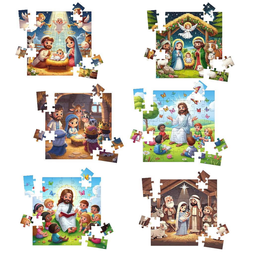 Kit 6 Quebra-cabeças Mdf Jogo Infantil Bíblico Jesus Criança - 9 Peças Cada Vários Modelos