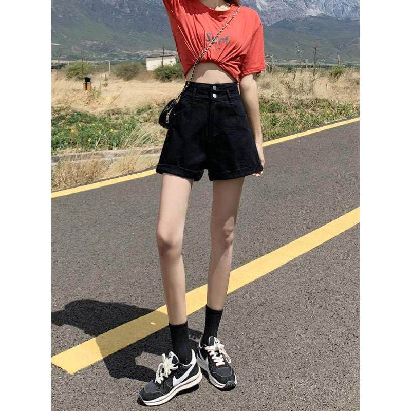 VFVK preto Denim Shorts estilo bonito três pontos feminino 2026 novo estilo verão cintura alta botão duplo mais magro ol