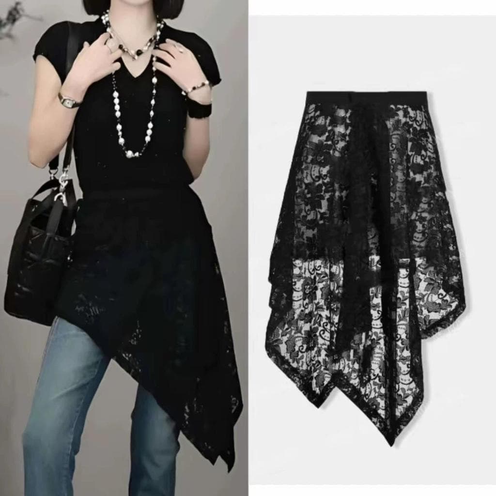 Moda Retro Design mais magro olhar saia de renda verão novo estilo Irregular 2026 tamanho grande saia de fundo