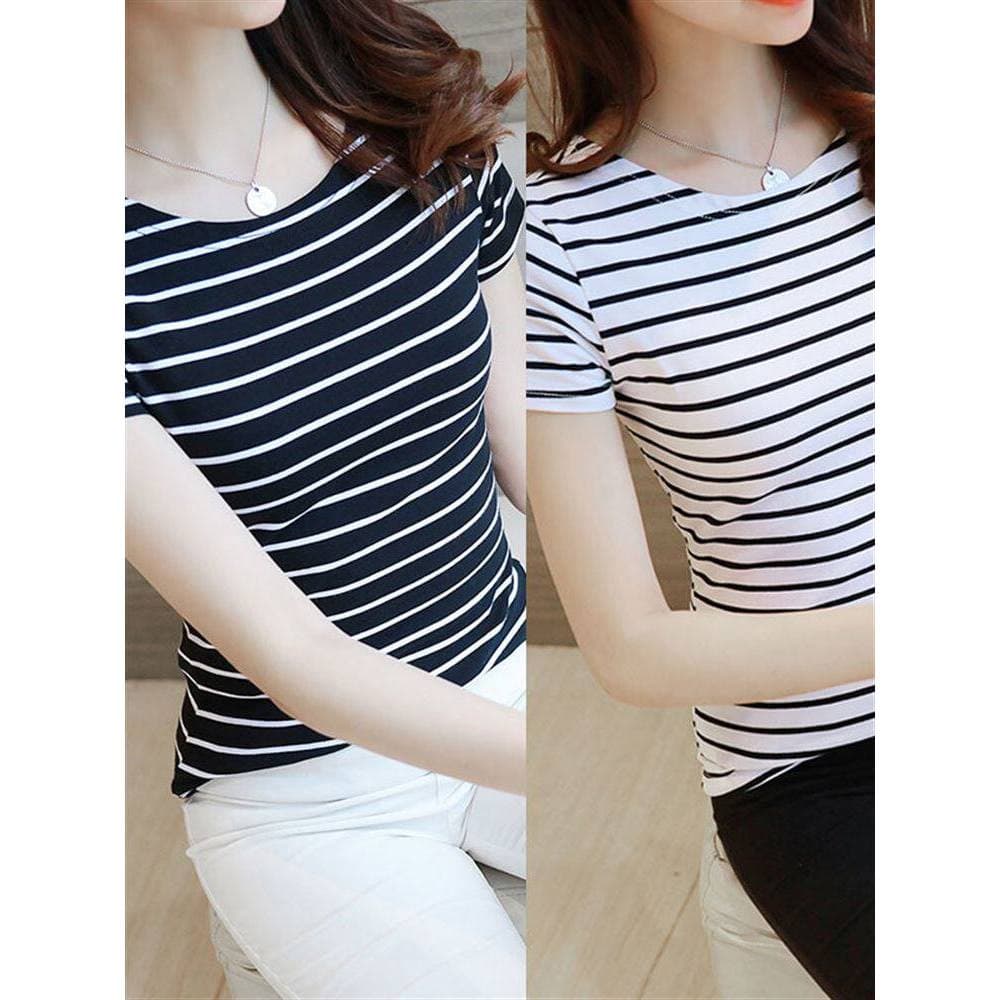95 algodão sem Pilling sem desbotamento 2024 novo estilo versão coreana preto branco listrado camiseta feminina de manga