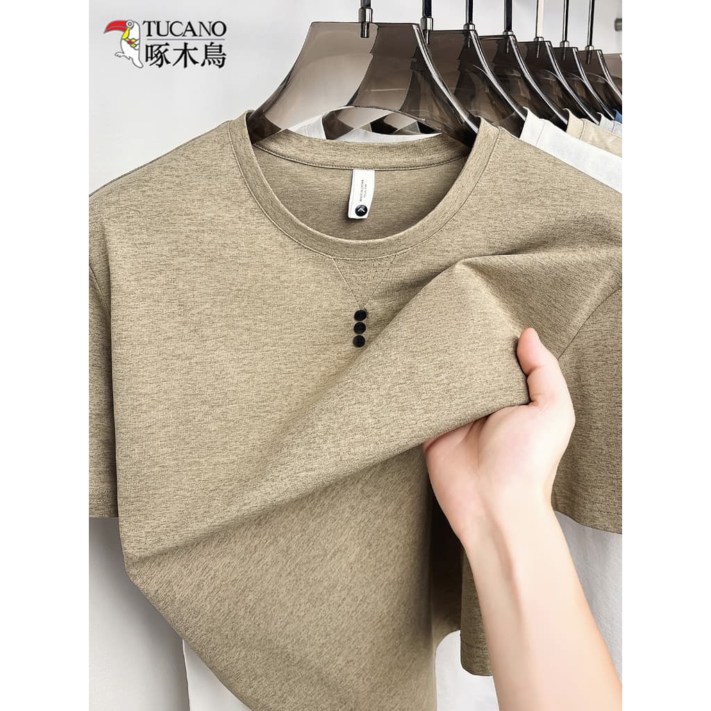 Woodpecker verão novo estilo de manga curta camiseta masculina leve em torno do pescoço solto moda Casual meia manga cam