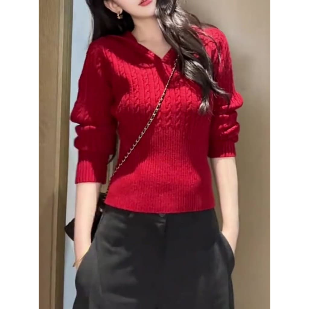 Ano novo atmosfera vermelho com decote em V torção camisola de manga comprida feminino bonito pequeno topo fino-ajuste S