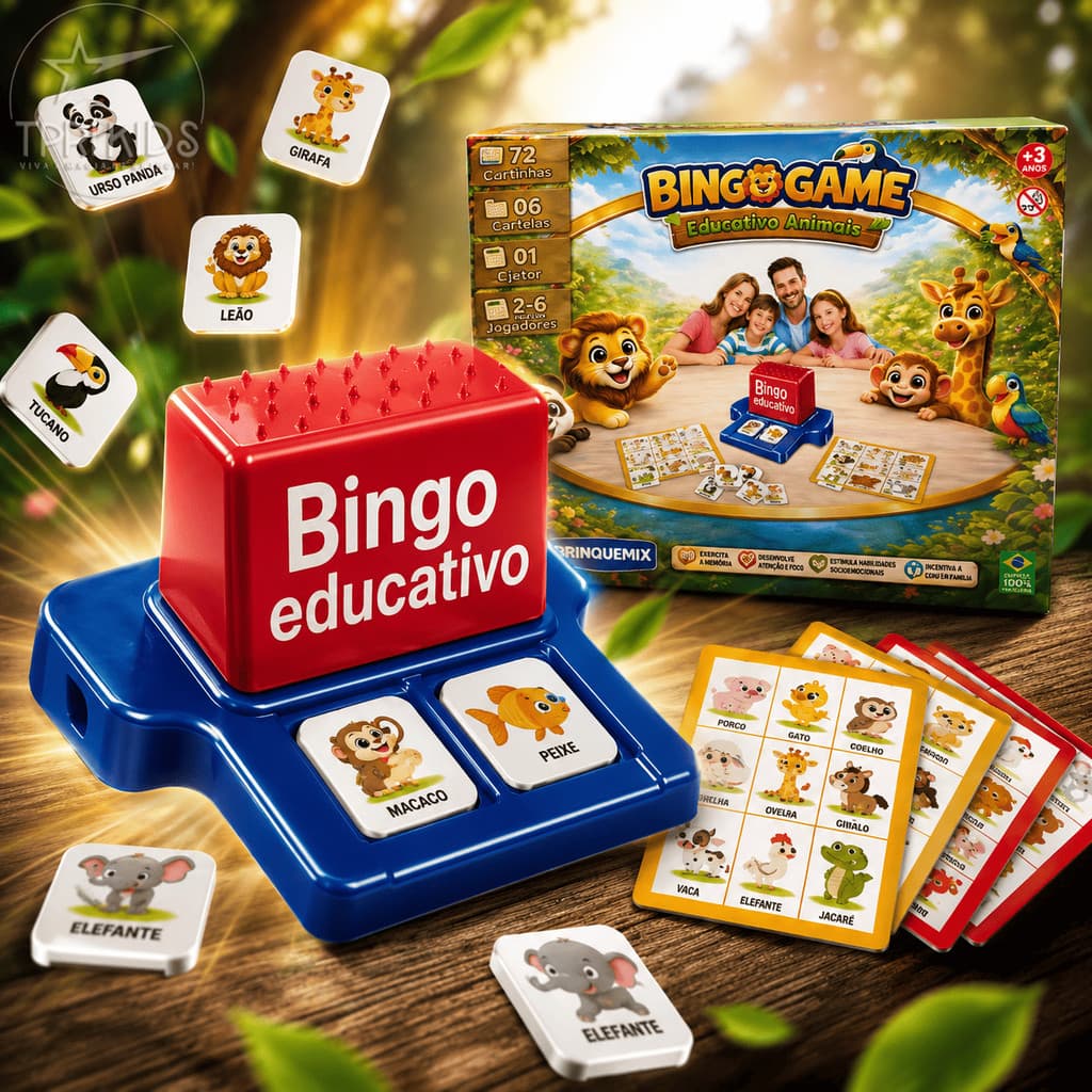 Jogo Bingo Infantil Educativo Animais Pedagógico com Brinquedo Completo Cartela Ejetor Família