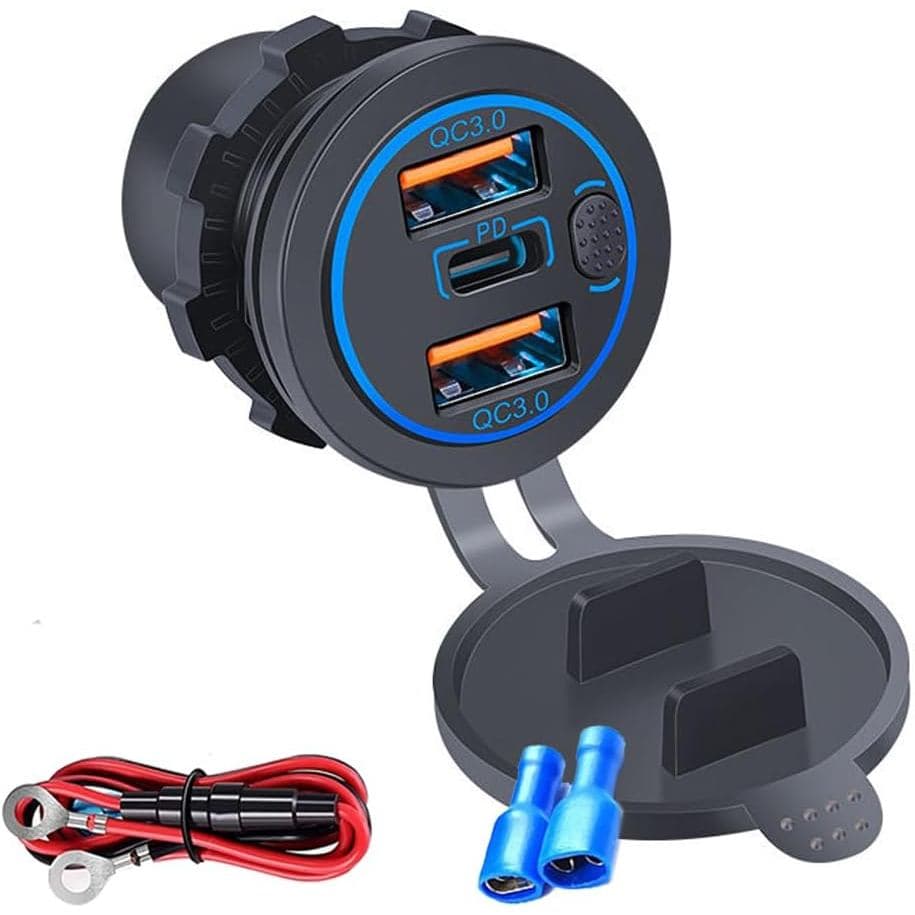 Carregador USB de 3 Portas 18W com Interruptor, Tomada USB e PD Q3.0 Dupla 12-24V, Carregador Rápido para Montagem no Pa