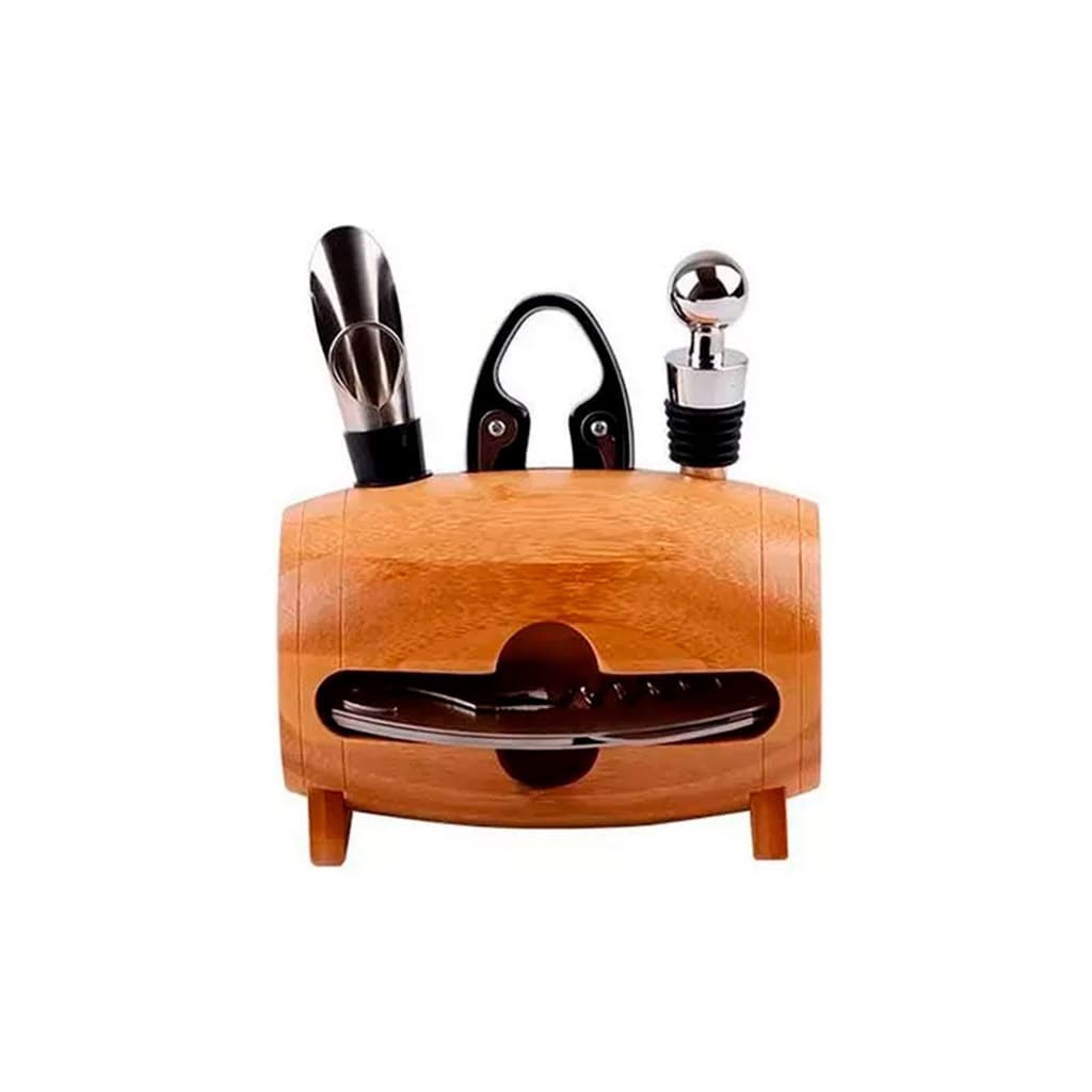 Kit Para Vinhos 4 Peças Saca-Rolhas Bico Dosador Tampa e Corta Lacre Suporte em Formato de Barril