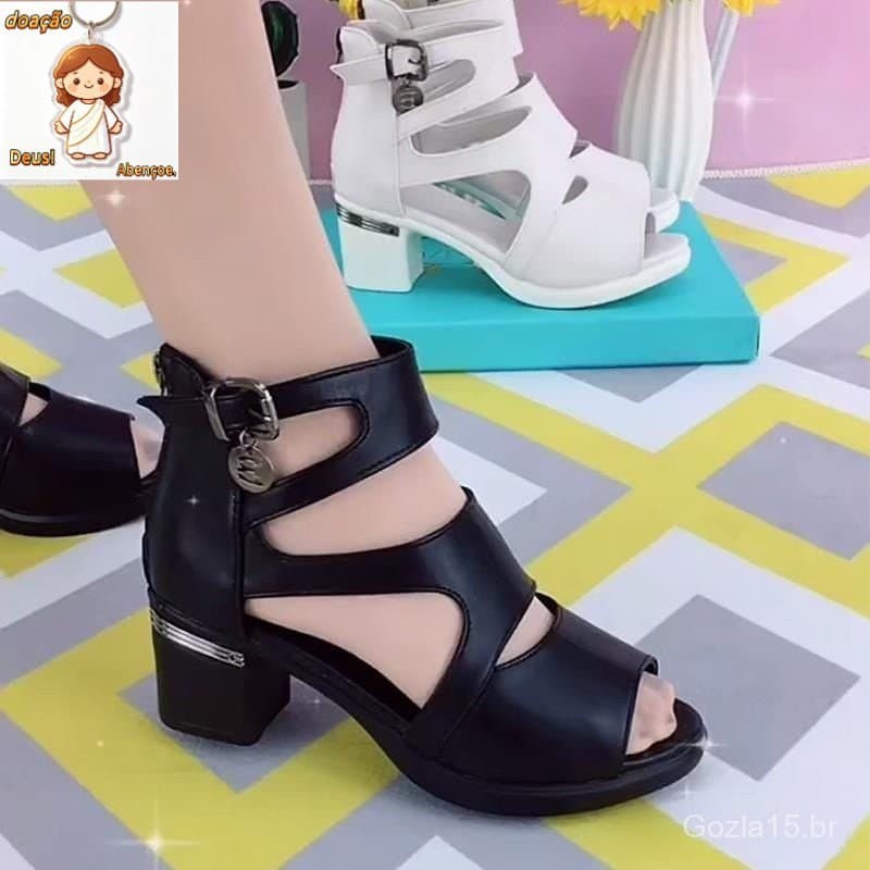 Sandálias De Couro Macio Romanas Mulheres Boca De Peixe Oca Salto Alto Espesso 2023 Novo Estilo Moda De Verão Botas