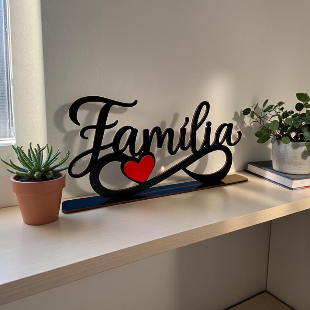 Placa Decorativa Familia MDF Coração Bancada Mesa Prateleira Enfeite Presente Casa Decoração