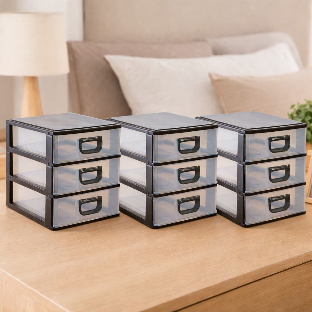 Kit 3 Gaveteiro De Mesa Organizador Micro 3 Gavetas Porta Tudo  Cor Preto Gavetas Transparentes