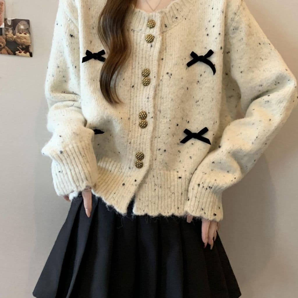 Estilo coreano cor Dot malha Cardigan feminino outono inverno novo estilo tamanho grande curto arco camisola jaqueta