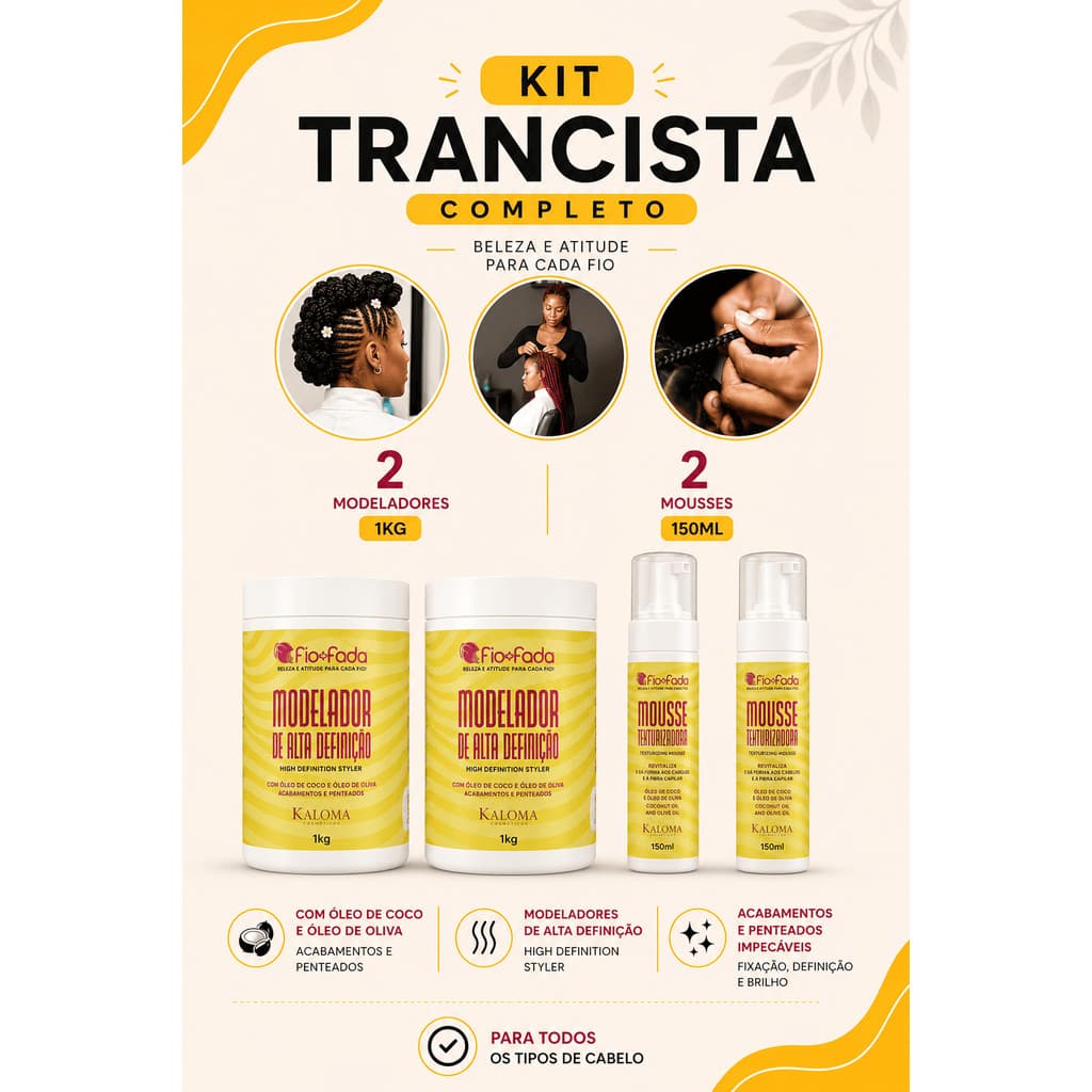 Kit Trancista Profissional Fio de Fada 2 Modeladores 1kg + 2 Mousses Definição Brilho Anti Frizz