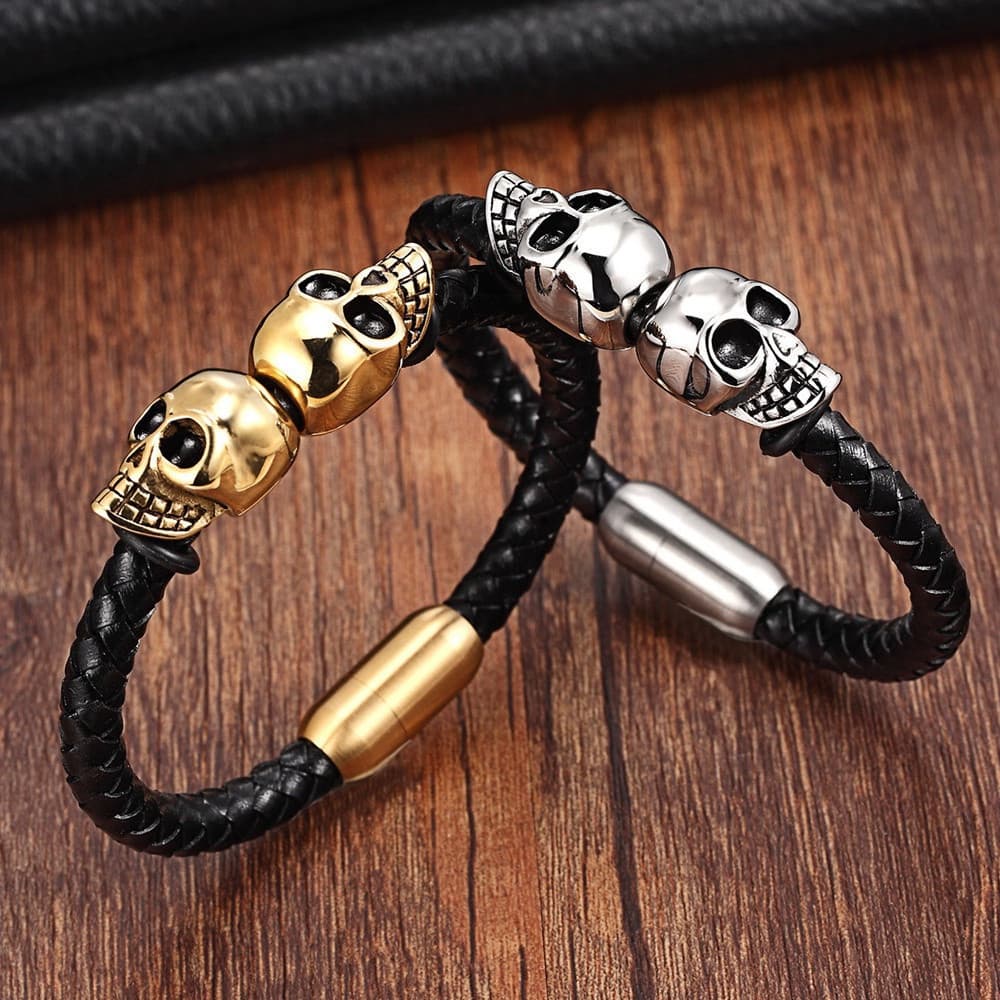 Pulseiras e braceletes masculinos de couro genuíno, design de caveira punk, estiloso e elegante.   N7IL ZGS3