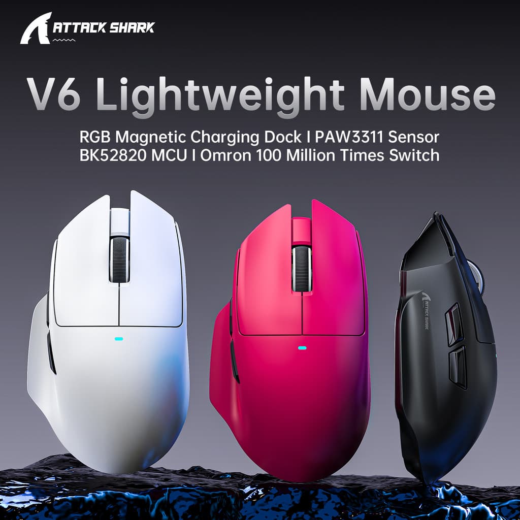 Conexão Sem Fio Bluetooth Do Mouse Para Jogos ATTACK SHARK V6 , Sensor PAW3311 E Base De Carregamento Magnético , Design