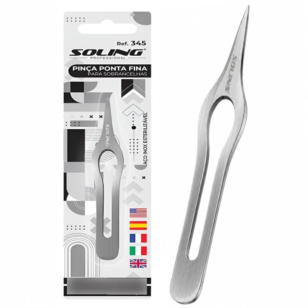 Pinça Soling Ponta Fina Aço Inox Designer Sobrancelha Ref.345 Remove Pelos Finos Pela Raiz Precisão
