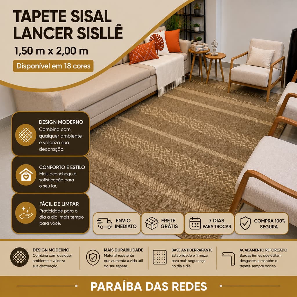 TAPETE DE SISAL 200x150m LANCER SISLLÊ COM PROTETOR DE CANTO ANTIDERRAPANTE EM AÇO CROMADO PARA SALA DE ESTAR, QUARTO