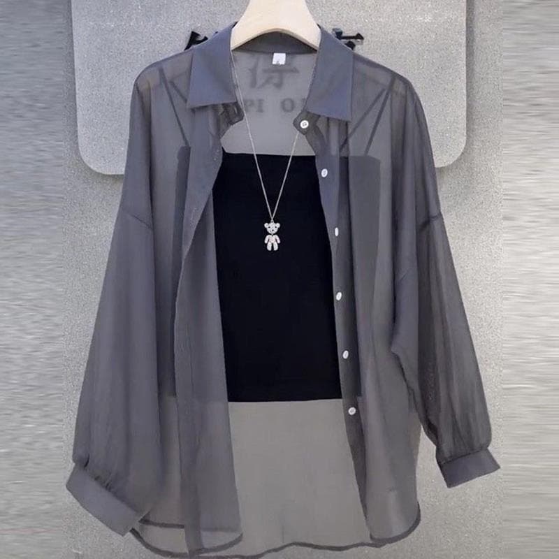 Verão novo estilo Chiffon protetor solar camisa feminina de manga comprida versão coreana solta comprimento médio Anti-u