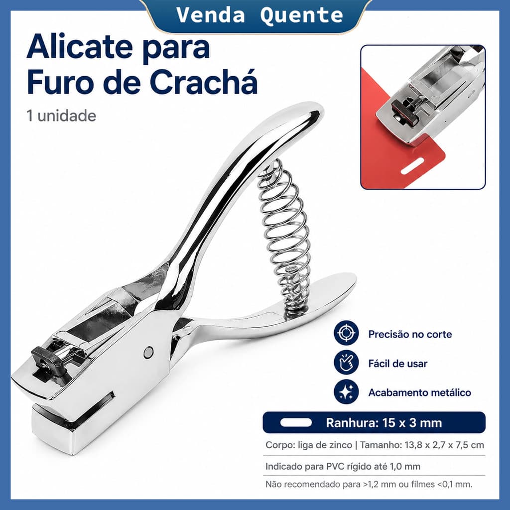 Alicate Furador de Cartão PVC com Furo Oblongo 15x3mm para Crachá, ID e Tag de Bagagem