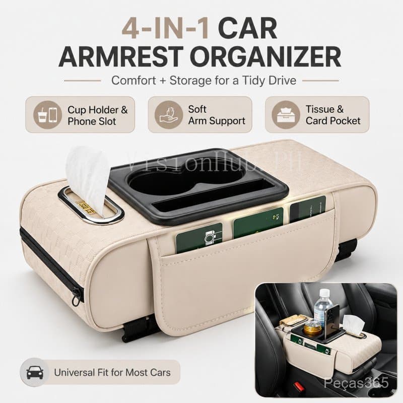 4-in-1 PU Leather Car Center Console Armrest Pad – Universal Storage Cushion with Cup Holder & Tissue Box