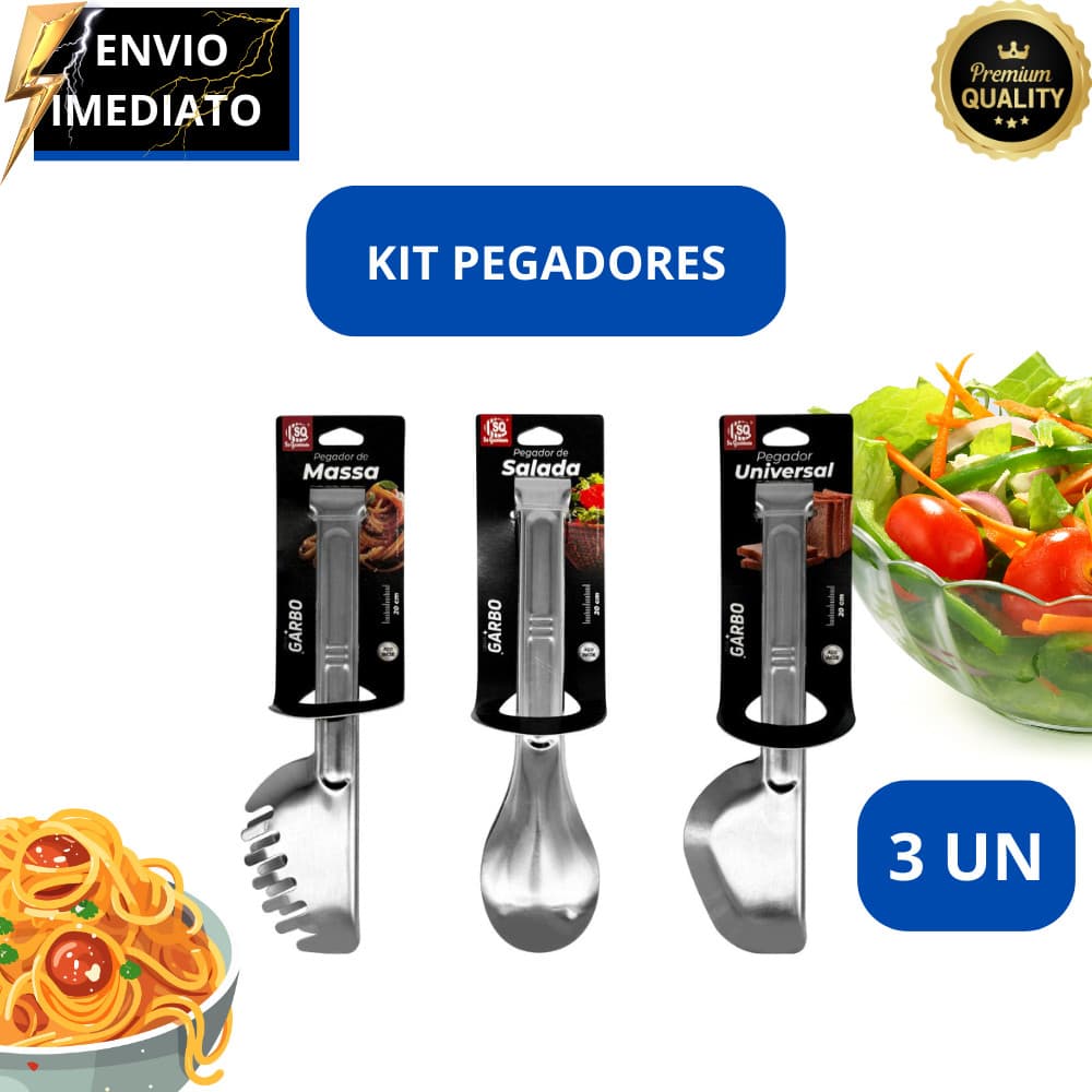 Kit Pegadores de Alimentos 3 Unidades Inox – Massa, Salada e Universal cozinha, churrasco, casa