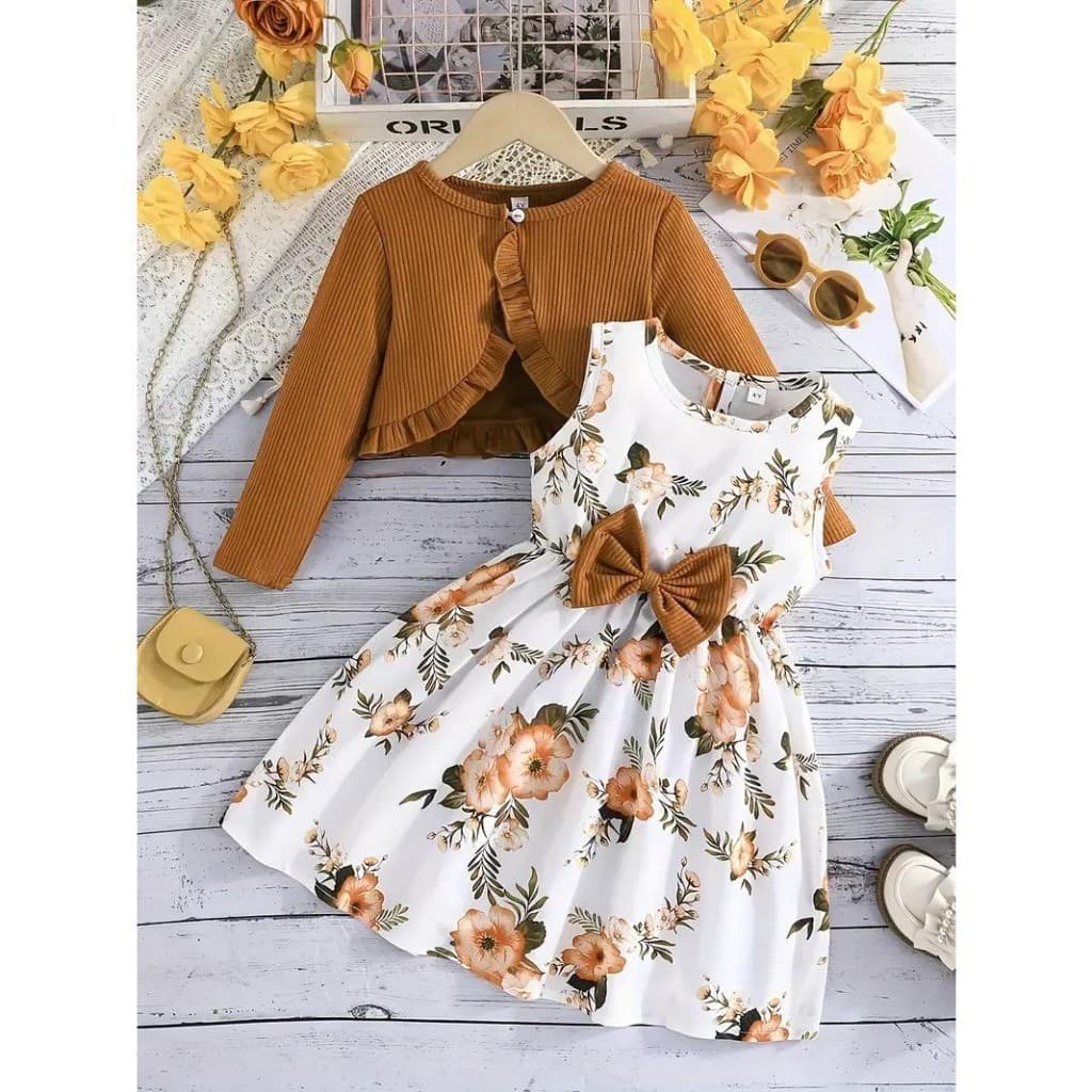 Conjunto Infantil Feminino 3-8 Anos Cardigã Manga Longa + Vestido Sem Mangas Estampa Flor Presente Natal
