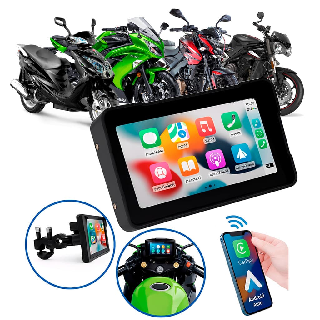 Multimídia para Moto de 5 Polegadas com Carplay Android Auto Bluetooth Espelhamento Sem Fio À prova d’água H-Tech