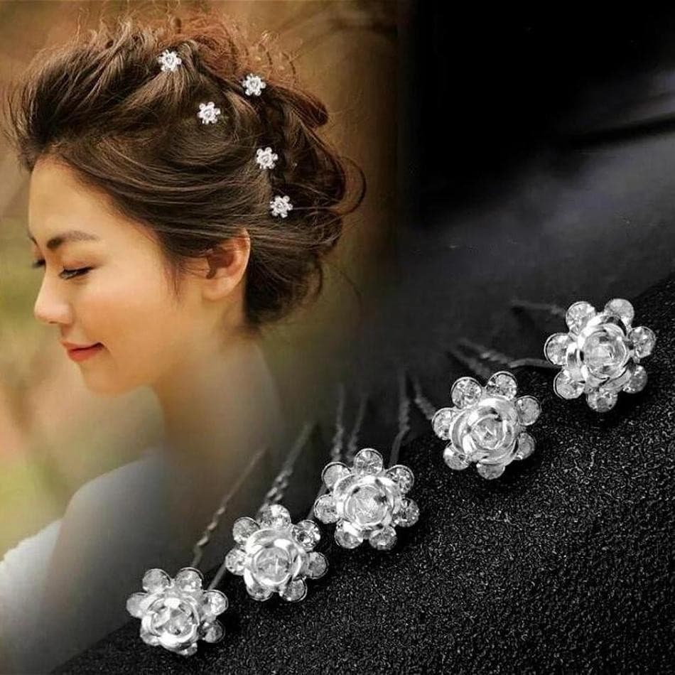 1 Pçs Rosa Flor Prata Pino Diamante Acessórios De Cabelo Único Feminino Jóias Bela Decoração De Moda