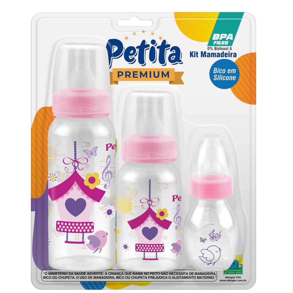 Kit 3 Mamadeiras bebe Premium  240 ML 140ML  60ML Bico Silicone Petita