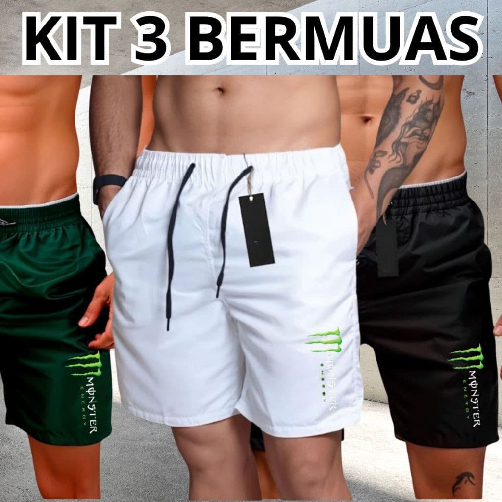 Kit Bermudas Mauricinho Masculina Esportiva - MONSTER 03 - Academia Corrida Skate Basquete Treino