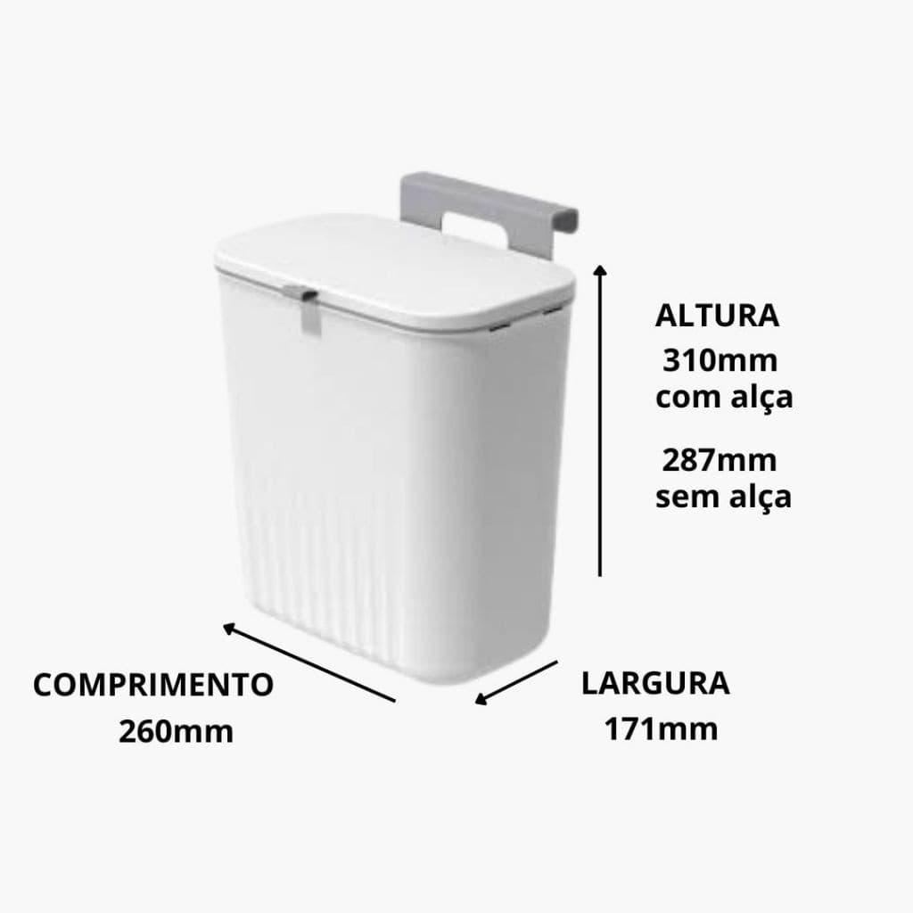 Lixeira Plástica Suspensa com Tampa 9 L – Sem Furos | Suporte p/ Parede e Porta
