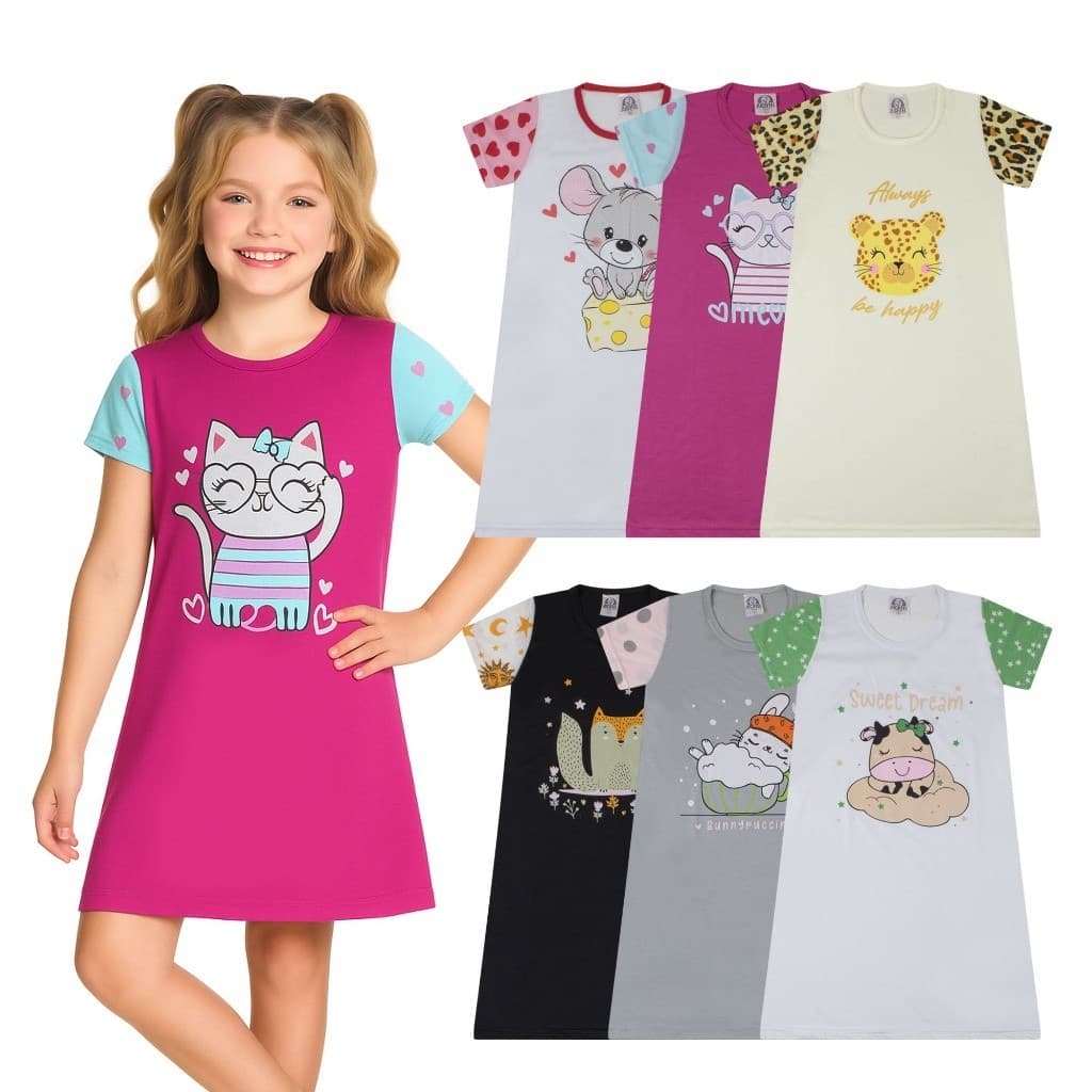 Kit 3 Camisola Infantil Feminina Menina Manga Curta Avulsa Estampas Sortidas