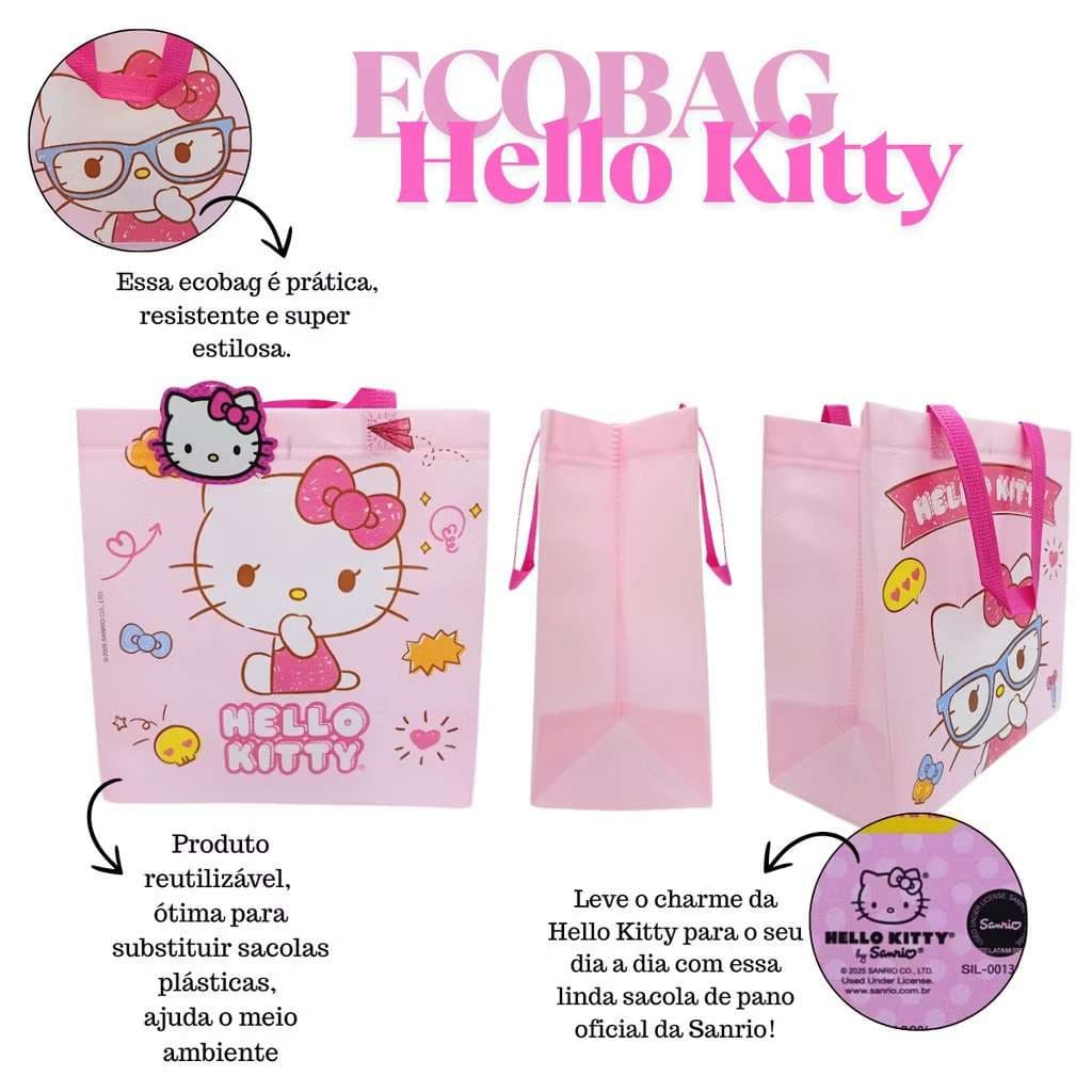 Bolsa Hello Kitty Rosa com Alças | Ecobag Reutilizável 30x30x13cm