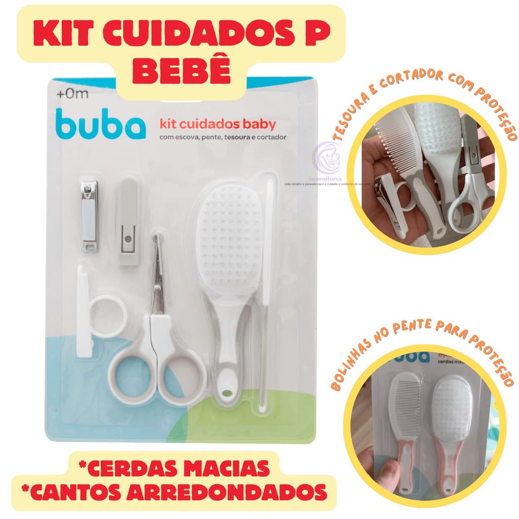 Kit Cuidados E Higiene Bebe Pente Escova E Cortador De Unha Buba cerdas macias