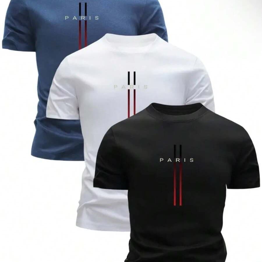 Kit 3 Camisetas Masculina Manga Curta Paris 100% Algodão Camisa Casual Esportiva Blusas Unissex Lançamento