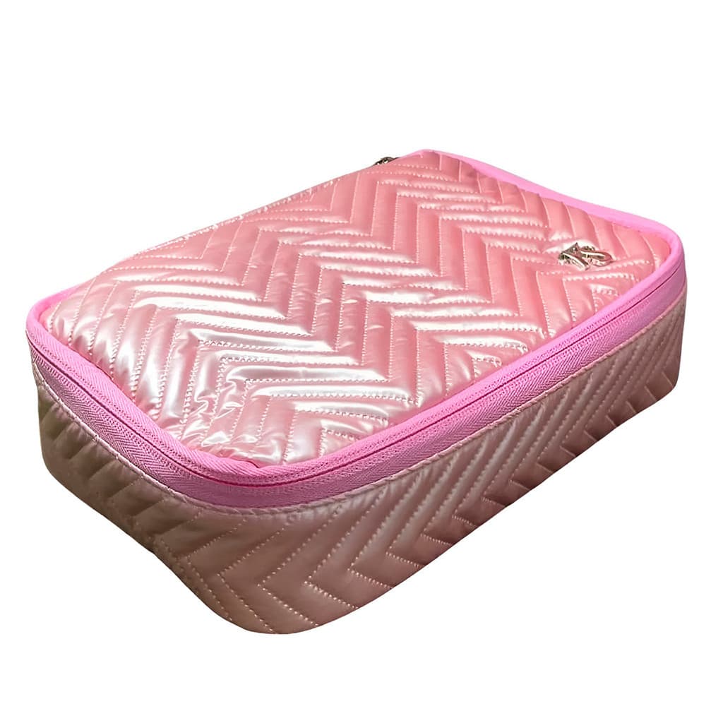 Bolsa Necessaire Matelassê Chevron Metálico Rosa Estilosa