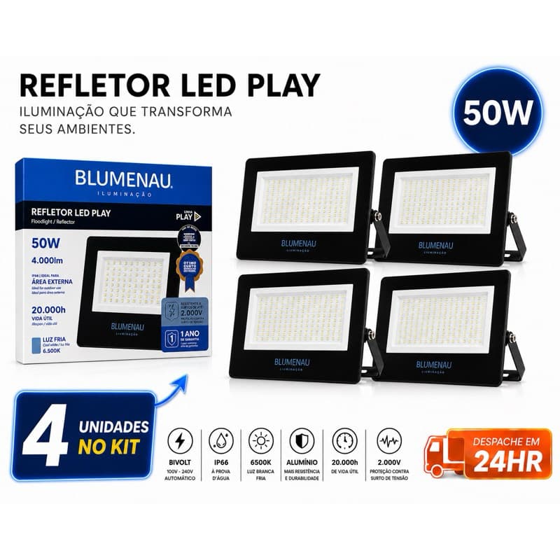 4 / 3 / 2  Refletores LED 50W Blumenau Alumínio Bivolt IP66 6500K 3000K Externo Prova D'Água Fachada Jardim Garagem