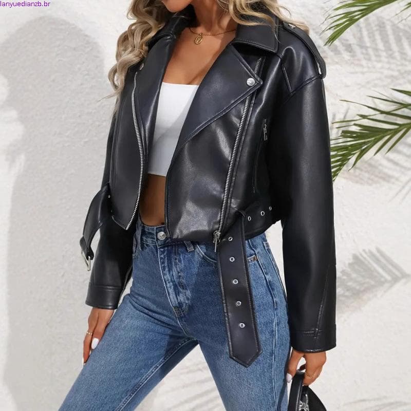 Jaqueta feminina curta de couro sintético PU para primavera e outono, com cinto, estilo motociclista, gola com zíper, ta