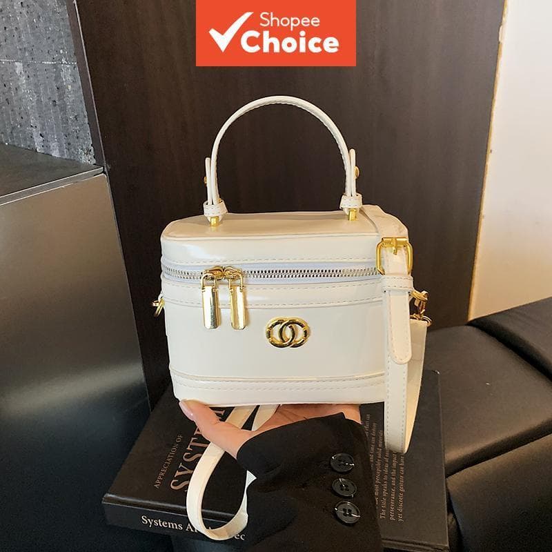 Bolsa de vaidade em PU branca com brilho, caixa | Ferragens douradas | Bolsa tiracolo com zíper elegante para mulheres